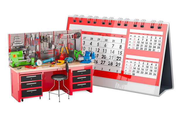 Asztali naptár karbantartási munkálatokkal Asztal tele építőipari szerszámokkal. Tervezése Karbantartási és javítási munka koncepció, 3D-s renderelés elszigetelt fehér háttér - Fotó, kép