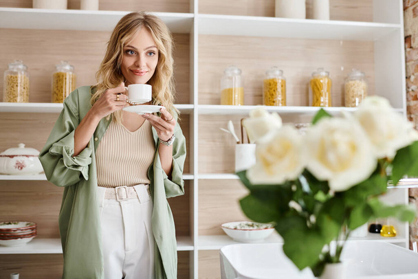 Woman standing in front of kitchen shelf, holding a cup. - Photo, Image