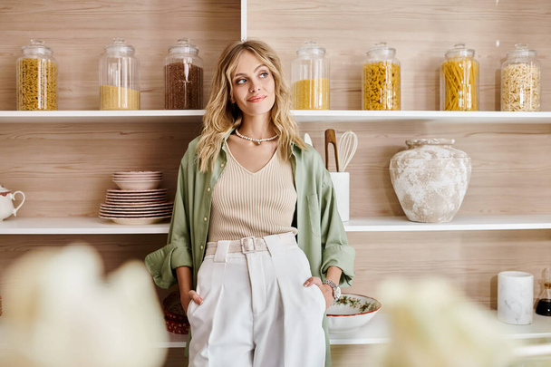 A woman standing in front of a shelf filled with various dishes in a kitchen. - Photo, Image
