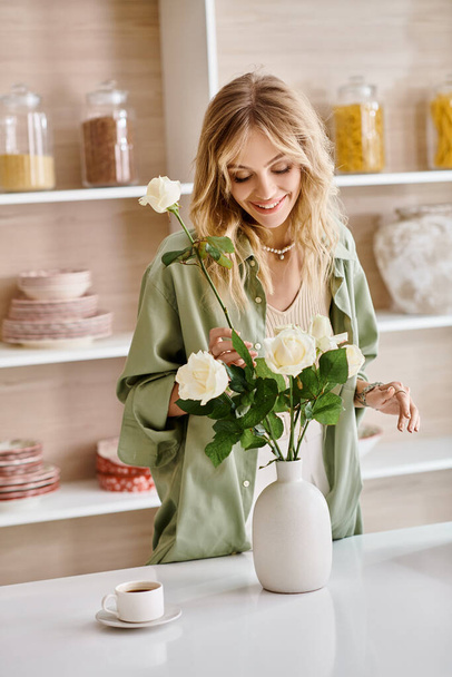Egy nő színes virágokat rendez egy fehér vázában a konyhában.. - Fotó, kép
