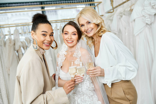 Young bride, middle-aged mother, and bridesmaid in bridal salon, stand holding champagne glasses. - Fotografie, Obrázek