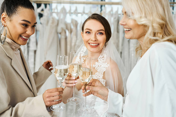 Eine junge brünette Braut im Hochzeitskleid, ihre Mutter mittleren Alters und ihre beste Freundin als Brautjungfer mit Weingläsern im Brautsalon. - Foto, Bild
