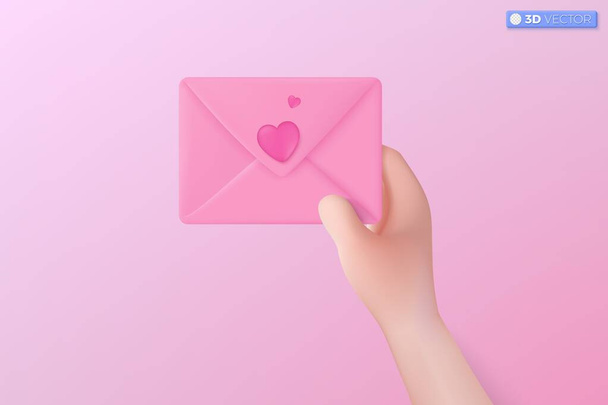 3d hand and Pink mail envelope with red heart icon symbol. Giving love email, message in love, Mother and Valentine Day greetings concept. 3D vector isolated illustration, Cartoon pastel Minimal style - Vector, Image