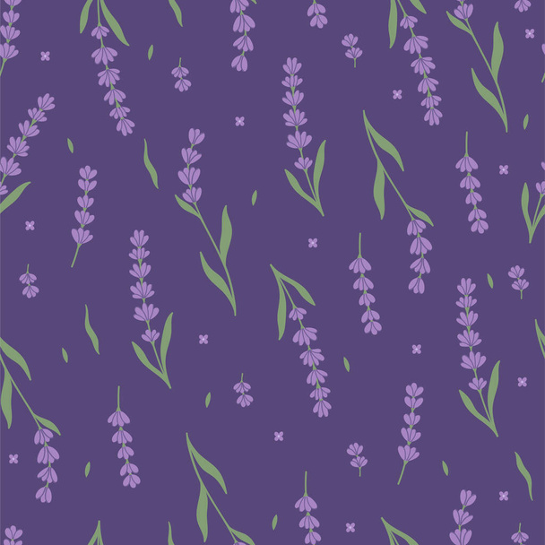 Seamless pattern with lavender flowers on a dark background. Vector image. - Vector, Image