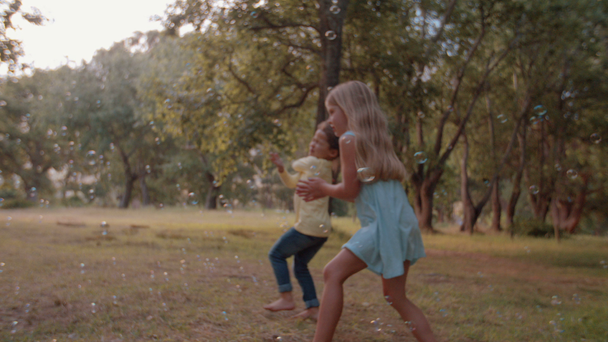 Znajomych, grając z bąbelkami w parku - Materiał filmowy, wideo