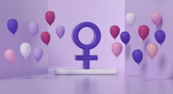 Slavnost Dne žen, slavnostní pódium se symbolem ženy s balónky na fialovém pozadí. Party, festival, ženy. Zastoupení ve 3D. - Fotografie, Obrázek