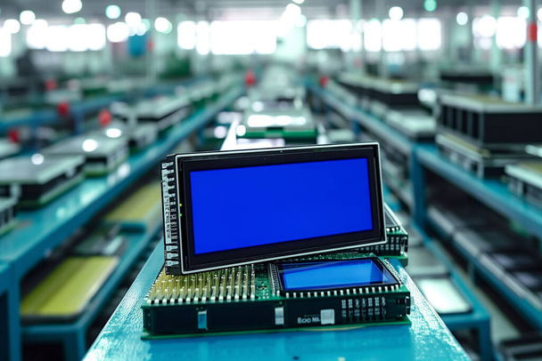 Nombreux écrans LCD sur une table, avec microcircuits et micropuces et éléments de connexion dans une usine de montage. - Photo, image