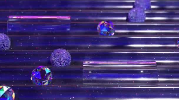 Betoverende 3D-animatie van glinsterende kristallen en bollen die door een flipperkast met ruimtethema reizen. - Video