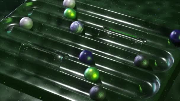 Galactische 3D-animatie van planeten en glazen bollen in een kosmisch flipperspel op een sterrenpaars veld. - Video