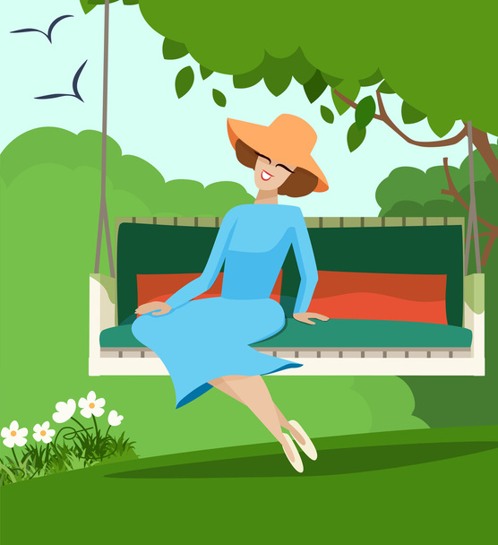 Elegant woman sitting on a garden swing - Wektor, obraz
