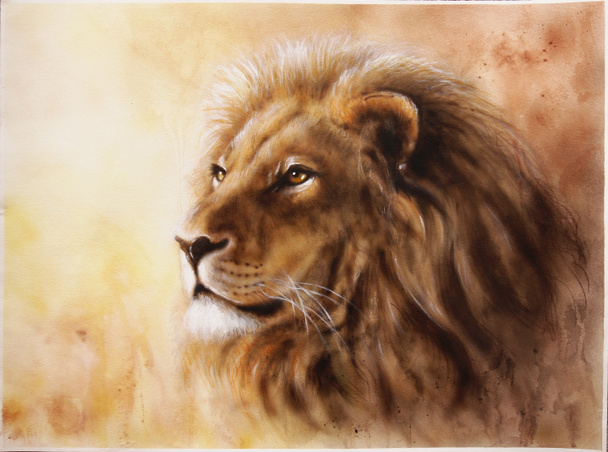 Una hermosa pintura de aerógrafo de una cabeza de león con una expresión majestuosa y pacífica
 - Foto, Imagen