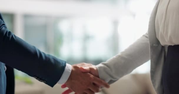 Business people, trust and handshake for deal, agreement and partnership negotiation in office. Shaking hands closeup, contract or recruitment, hiring offer and collaboration of consultant in meeting. - Footage, Video