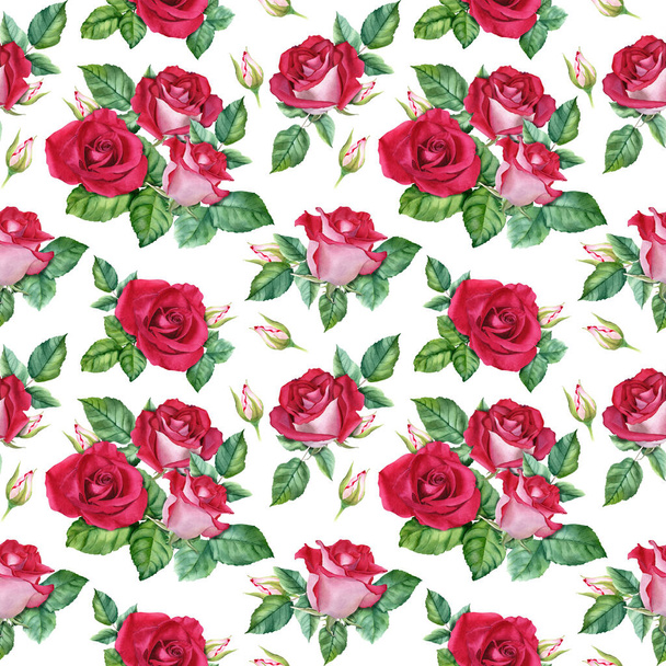 Florales nahtloses Muster mit roten Rosenblüten, Knospen und Blättern. Botanische Aquarell-Illustration isoliert auf weißem Hintergrund. Für Verpackung, Tapete, Stoff, Textil - Foto, Bild