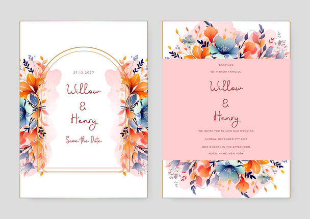 Orange und blaue Pfingstrose elegante Hochzeitseinladungskarte Vorlage mit Aquarell Blumen und Blätter - Vektor, Bild