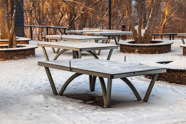 Tennis de table en plein air dans un parc urbain avec des arbres un jour d'hiver - Photo, image