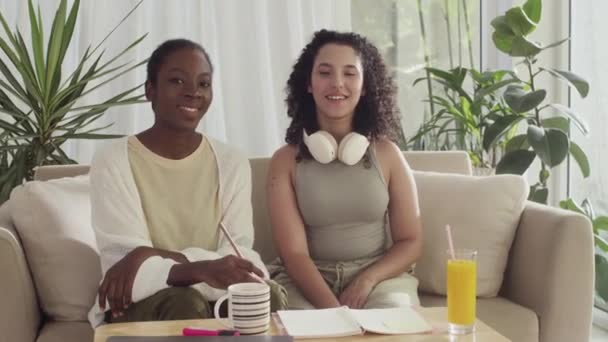 Medium portrait of biracial female roommates smiling at camera while studying remotely from home - Footage, Video