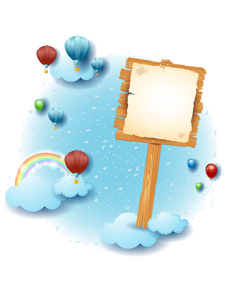 Cielo paesaggio con nuvole e segno di legno con poster. Illustrazione fantasy, eps10 vettoriale - Vettoriali, immagini