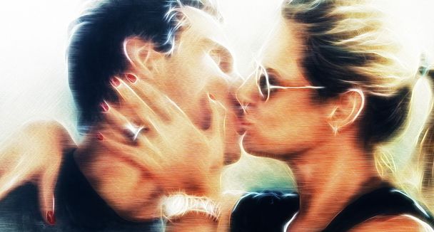 Amor apaixonado namorados beijo de um jovem casal romântico, pintura em papel, perfil retrato efeito fractal
 - Foto, Imagem