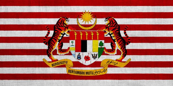Σημαία και οικόσημο της Μαλαισίας σε ανάγλυφο φόντο. Κολάζ έννοιας. - Φωτογραφία, εικόνα