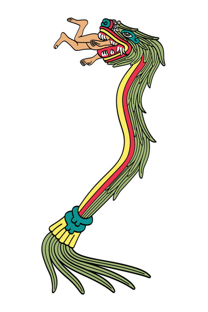 Quetzalcoatl pożera człowieka. Aztecki bóg życia, światła i mądrości, pan dnia i wiatrów, jak przedstawiono w Kodeksie Borbonicus. Plumowany wąż, nadprzyrodzona istota, zwana Kukulkan lub Tohil przez Majów. - Wektor, obraz