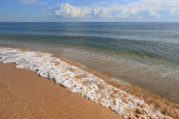 вид на пену на морском песчаном берегу в солнечный день - Фото, изображение