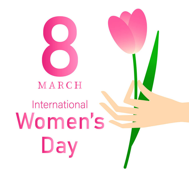 Cartolina per la Giornata internazionale della donna. Mano che tiene un tulipano. 8 marzo - Vettoriali, immagini