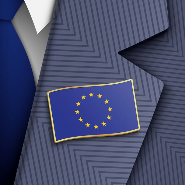Úředník EU oblečený v modrém obleku a kravatě, s odznakem na klopě EU, vektorová ilustrace. - Vektor, obrázek