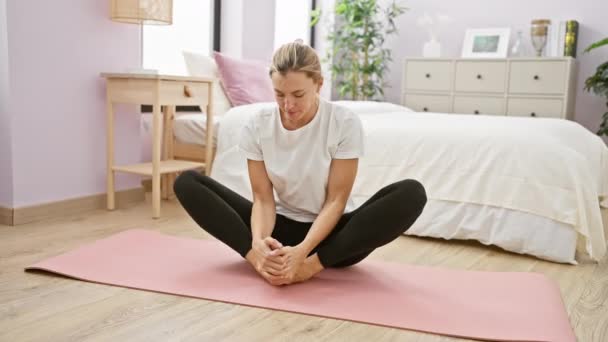 Młoda kobieta rozciągająca się na różowej macie do jogi w jasnej sypialni, przedstawiająca zdrowy styl życia i rutynę samoopieki. - Materiał filmowy, wideo