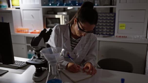 Atractiva joven científica hispana, inmersa en su experimento científico nocturno, analizando meticulosamente muestras bajo un microscopio, tomando notas en su cuaderno de laboratorio - Imágenes, Vídeo
