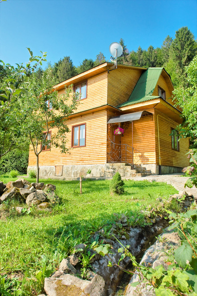 Дерев'яний будинок на зеленому пагорбі
 - Фото, зображення
