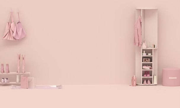 Frauen Mode rosa Accessoires Tasche, High Heels, Schuhe, Herz Geschenkbox in Tasche einkaufen auf rosa Hintergrund. Werbeidee. Kreatives Compositing. 3D-Rendering, soziale Medien und Verkauf - Foto, Bild