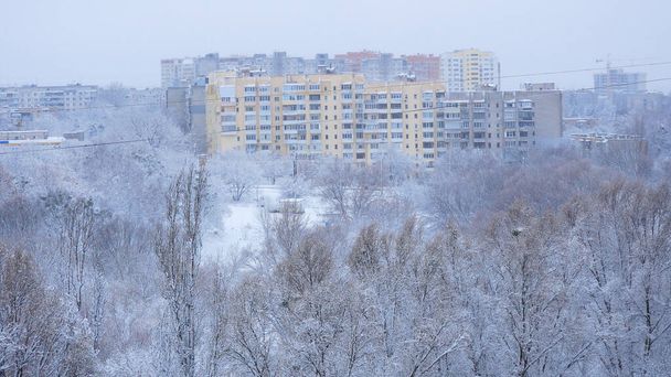 Μια μητρόπολη στο χιόνι. Χιονισμένα δέντρα και πολυώροφα κτίρια στο βάθος. Στο πάνω μέρος. Μια σκηνή χιονισμένου χειμώνα σε μια μεγάλη πόλη. - Φωτογραφία, εικόνα