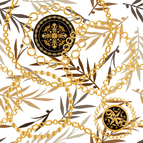 Patrón sin costuras decorado con piedras preciosas, cadenas de oro y perlas. - Vector, Imagen