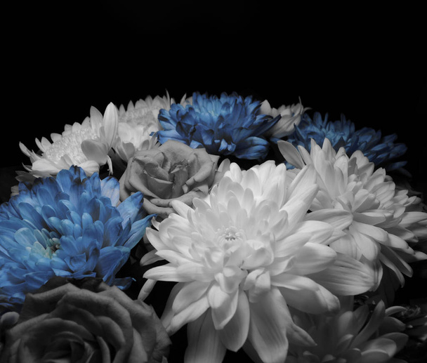 Flores azules pálidas en ramo monocromo sobre fondo negro Stock de Foto - Foto, imagen