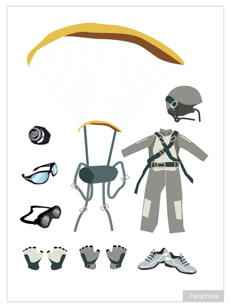 Conjunto de equipamentos de paraquedas em fundo branco
 - Vetor, Imagem