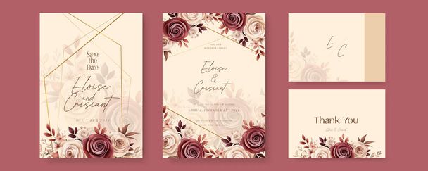 Rot und beige Rose Set von Hochzeitseinladungsvorlage mit Formen und Blumen floralen Rand - Vektor, Bild
