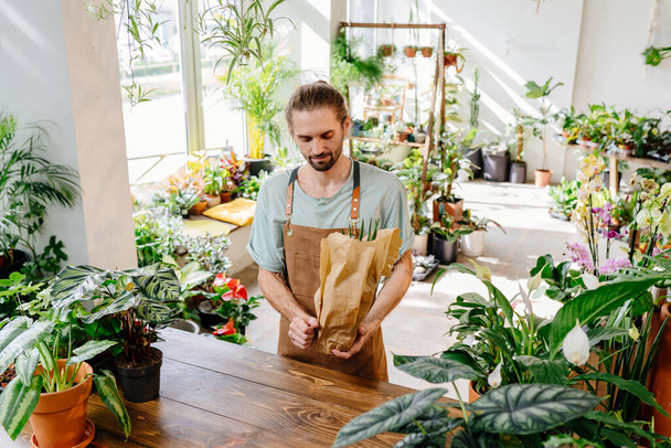 Handsome Caucasian man wearing apron wrapping a potted plant in paper with care in greenery at floral shop. Enjoying his job at cozy flower shop. Urban jungle and plant parent concept. - Photo, Image