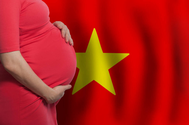 Zwangere vrouw buik op Vietnamese vlag achtergrond - Foto, afbeelding