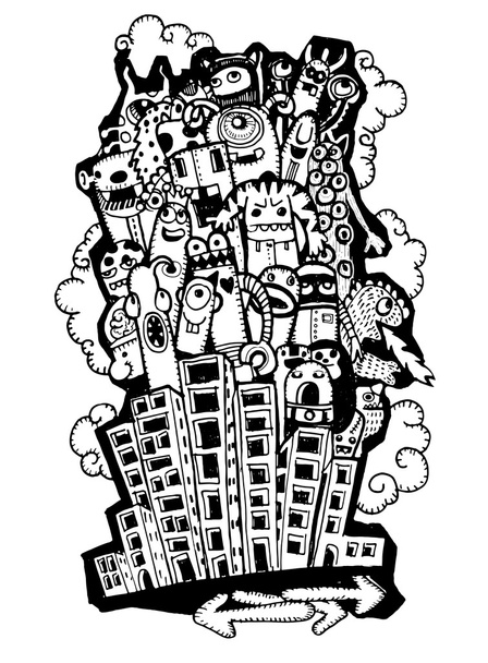 Gek doodle stad, doodle tekening stijl - Vector, afbeelding