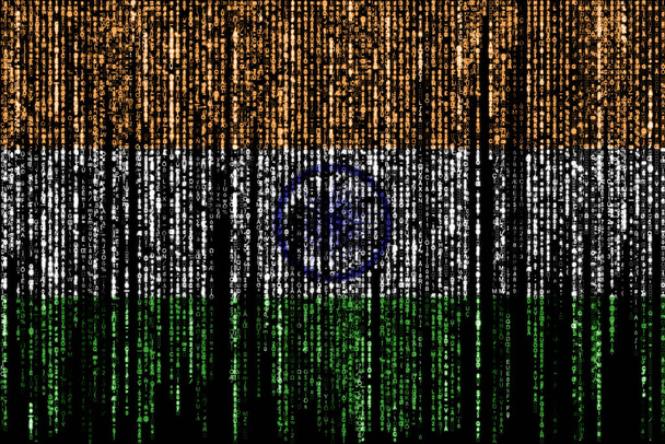 Bilgisayar ikili kodlarında Hindistan bayrağı tepeden düşüyor ve kayboluyor.. - Fotoğraf, Görsel