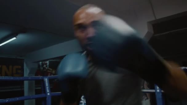 Афроамериканец в боксёрских перчатках бьёт перчатки во время тренировки по боксу. Профессиональный боксер тренируется с тренером. Физическая активность и интенсивная тренировка. Стрельба от первого лица - Кадры, видео