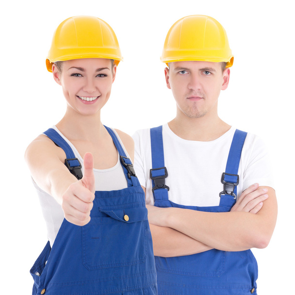 jovem e mulher no construtor do uniforme isolado no branco - Foto, Imagem
