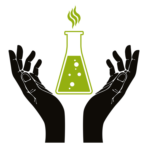 Hands with chemical flask - Vector, Image