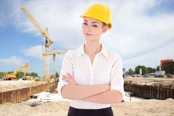 üzleti nő építész sárga builder sisak  - Fotó, kép