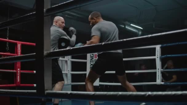 Mannelijke bokser raakt bokshandjes en oefeningen in de donkere sportschool. Afro-Amerikaanse man in bokshandschoenen beoefent vechttechnieken en bereidt zich voor op de strijd met de Kaukasische coach op boksring. - Video