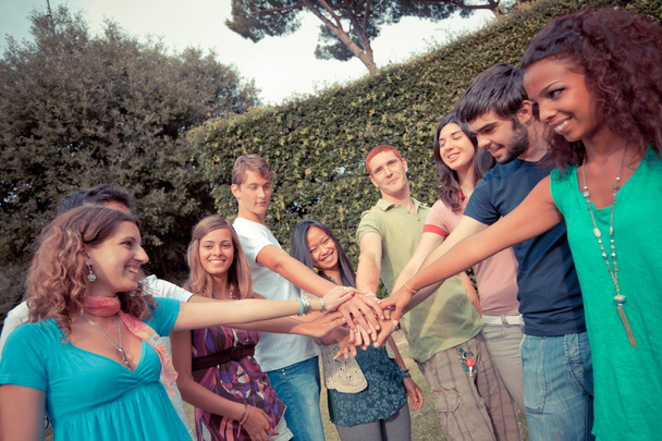 Happy Teenage Group with Hands on Stack - Zdjęcie, obraz