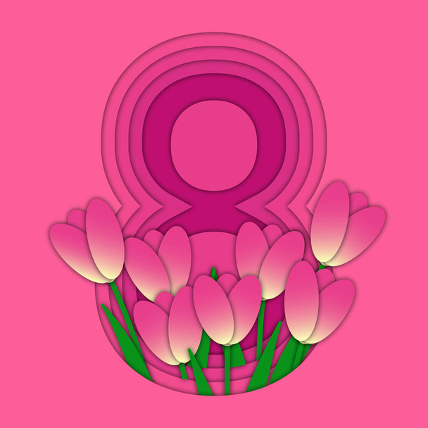 8 de marzo. Postal para el Día Internacional de la Mujer. Corte la silueta en forma de una figura de ocho con un ramo de tulipanes - Vector, imagen