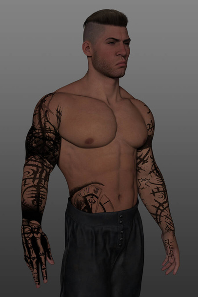 Een 3D-weergave van een knappe shirtloze man met gedefinieerde spieren, poserend op een geïsoleerde grijze achtergrond, met zwarte tatoeages op armen, handen en buik.  - Foto, afbeelding