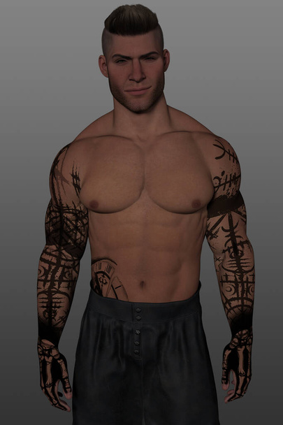 Een 3D-weergave van een knappe shirtloze man met gedefinieerde spieren, poserend op een geïsoleerde grijze achtergrond, met zwarte tatoeages op armen, handen en buik.  - Foto, afbeelding