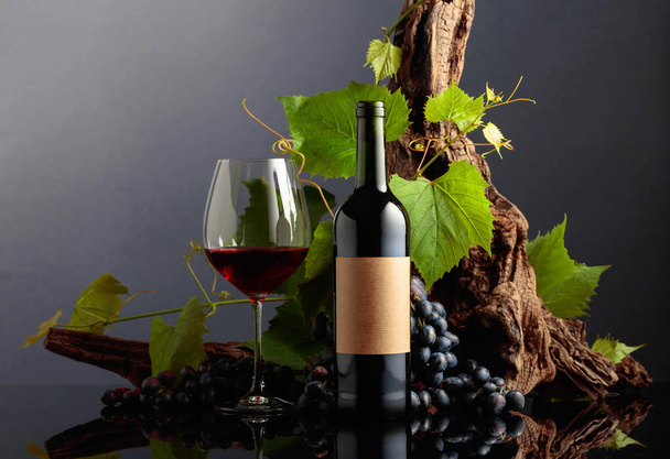 Glass and bottle of red wine with blue grapes and vine branches. On a bottle old empty label. Copy space. - Photo, Image